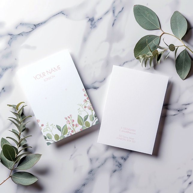Ohrring-Karte mit rosa und grüner Blume (Earring display holder with pink petals and green leaves watercolor style floral border.)