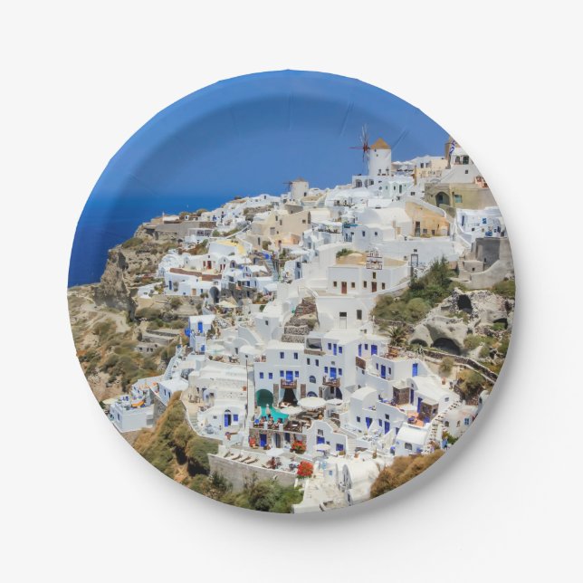 Oia-Dorf auf Santorini Insel, Nord, Griechenland Pappteller (Vorderseite)