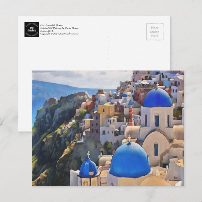 Oia, Santorin. Carte postale de peinture grecque (Devant / Derrière)