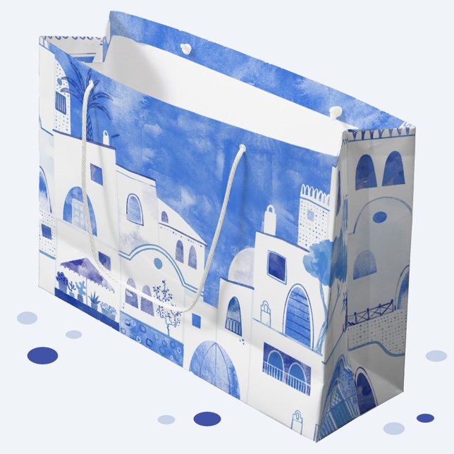 Oia Santorini Aquarellmalerei Große Geschenktüte (Large gift bag featuring a blue and white watercolor painting of Santorini)