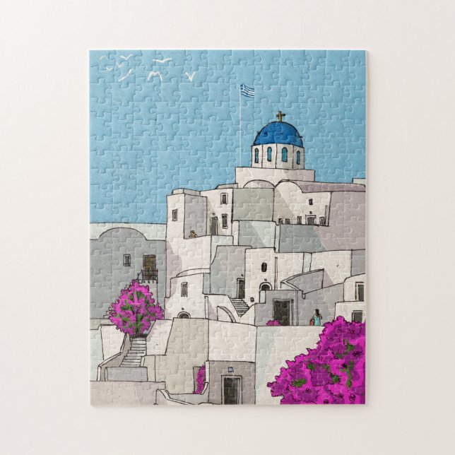 Oia Santorini Insel Griechenland Whimsical Illustr (Vertikal)
