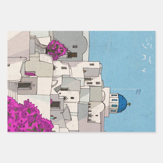 Oia Santorini Insel Griechenland Whimsical Illustr Geschenkpapier Set (Vorderseite)
