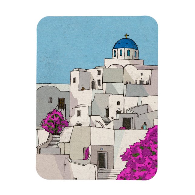 Oia Santorini Insel Griechenland Whimsical Illustr Magnet (Vertikal)