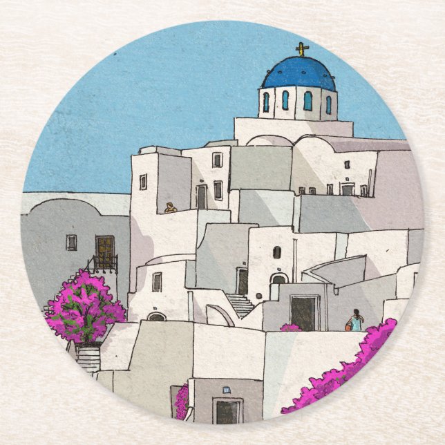 Oia Santorini Insel Griechenland Whimsical Illustr Runder Pappuntersetzer (Vorderseite)