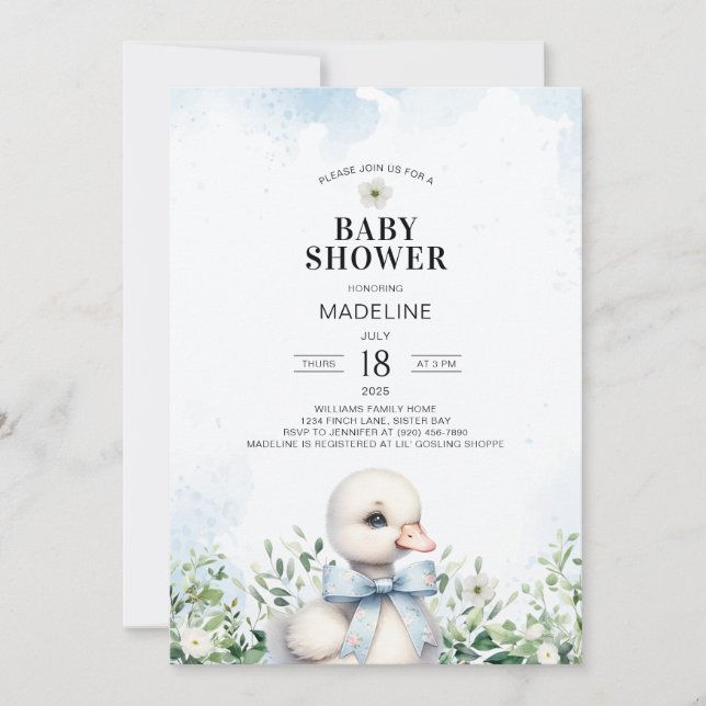 Oie avec Bow Blue Boy Baby shower Invitation (Devant)
