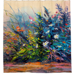 Oil painting flowers, cornflower, daisy in fields. duschvorhang