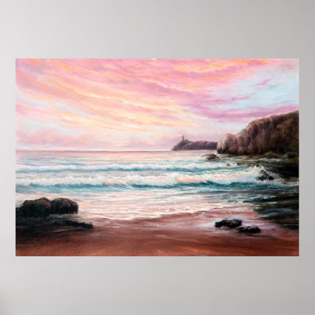  oil painting of beautiful purple sunset over ocea poster (Vorne)