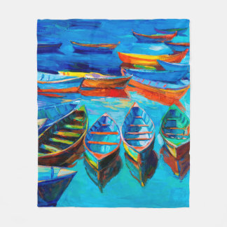  oil painting of boats and sea on canvas. Sunset o Fleecedecke