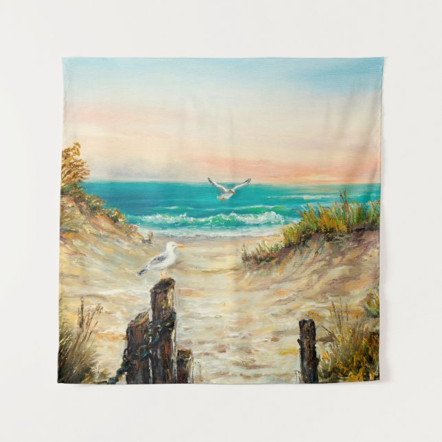  oil painting of ocean beach dunes with seagulls o wandteppich (Vorderseite)