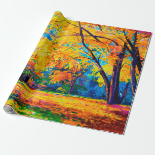 oil painting on canvas. Yellow trees. Modern art. Geschenkpapier