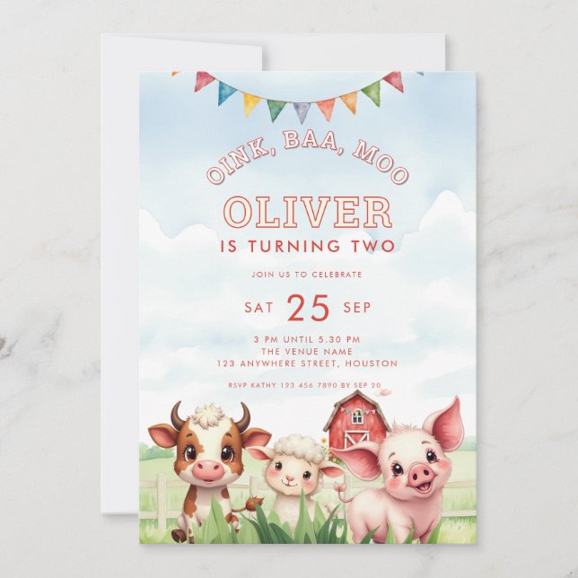 Oink Baa Moo Niedliche Landtiere 2. Geburtstag Einladung (Vorderseite)