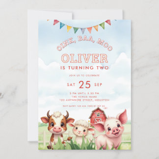 Oink Baa Moo Niedliche Landtiere 2. Geburtstag Einladung