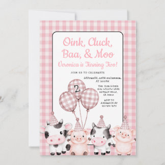 Oink, Cluck, Baa, & Moo Farm Geburtstag Pink Gingh Einladung