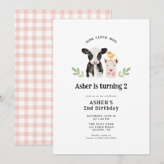 Oink Cluck Moo Pink Gingham Farm Animals Geburtsta Einladung