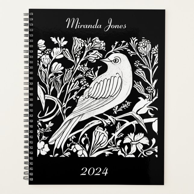 Oiseau Art Nouveau sur une branche en blanc sur no (Devant)