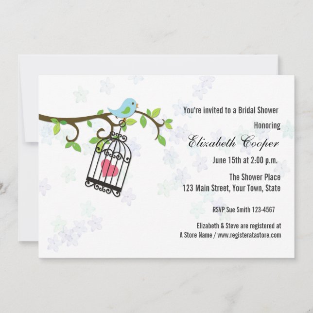 Oiseau bleu, cage à oiseaux, invitation de douche (Devant)