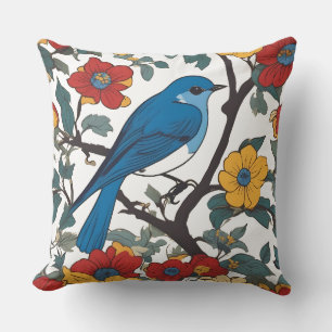 Oiseau bleu et oreiller à lancer Fleur sauvage