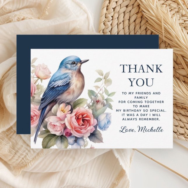 Oiseau bleu Fleurs roses Anniversaire Merci (Blue bird and pink floral birthday party Thank You card)