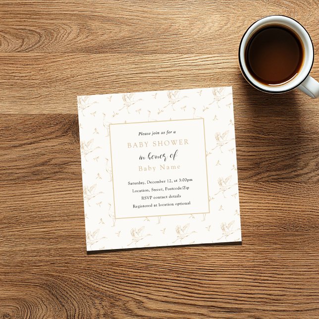 Oiseau, cigogne unisex invitation baby shower (Baby shower square invitation card with vintage style border of storks and gold frame)