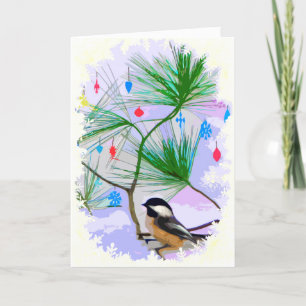 Oiseau de Chickadee dans la carte d'arbre de Noël