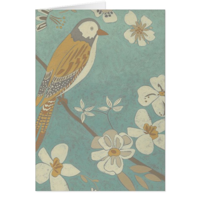 Oiseau jaune, gris et beige perché sur une branche (Devant)