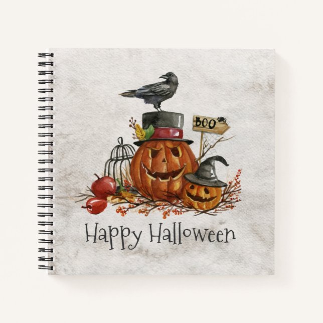 Oiseau noir d'Halloween et Citrouilles | Carnet (Devant)