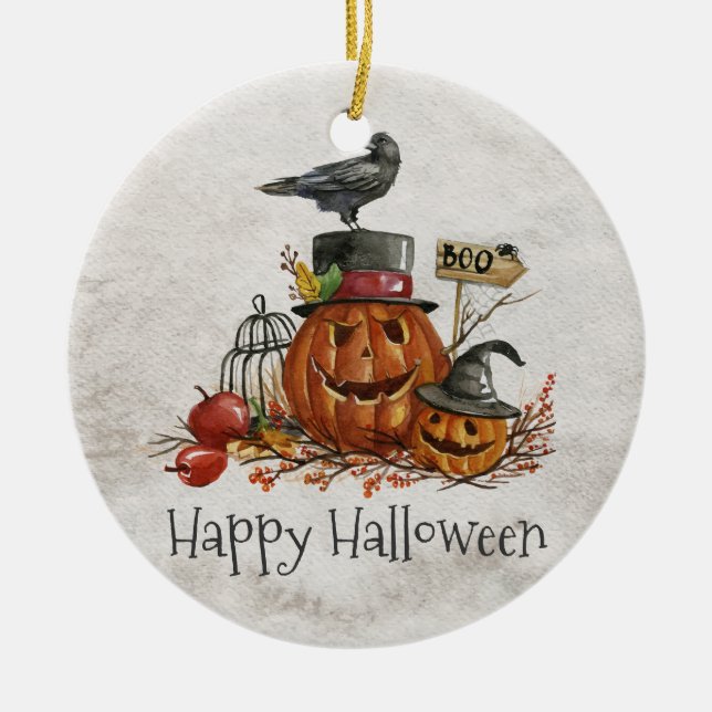 Oiseau noir d'Halloween et Citrouilles | Ornement (Devant)