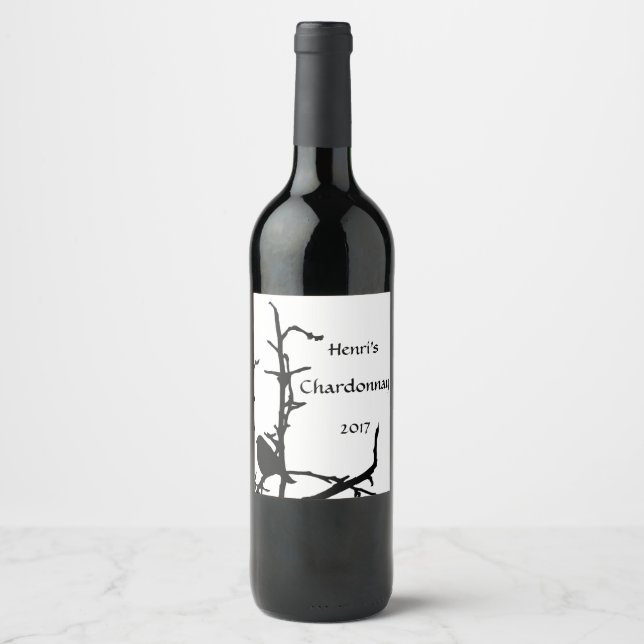 Oiseau noir sur branche d'arbre Étiquette de vin b (Devant)