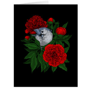 Oiseau sur un bouquet de pivoine rouge