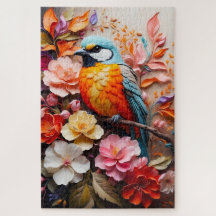 Oiseau Tropical Coloré avec Fleurs Puzzle