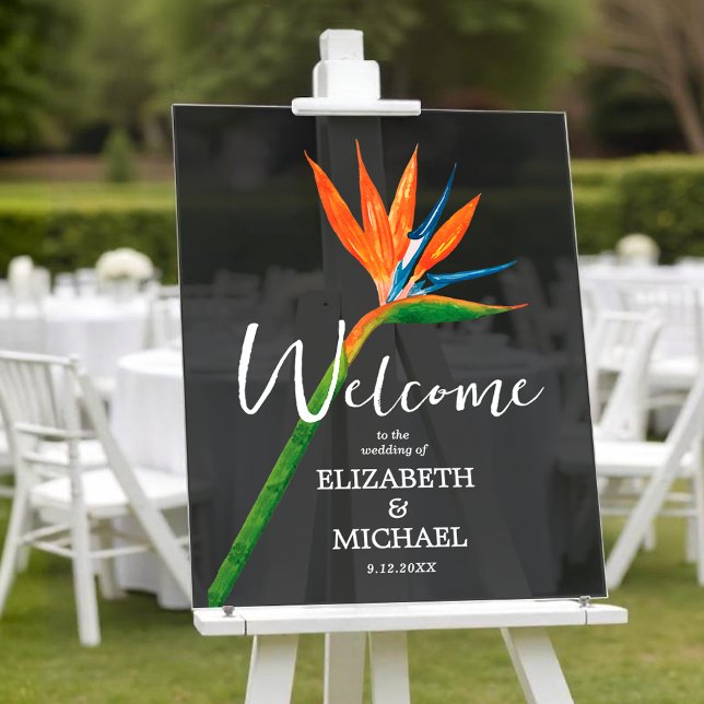Oiseau tropical du Paradis Mariage Bienvenue fumé (Tropical bird of paradise wedding welcome smoky black transparent acrylic sign)
