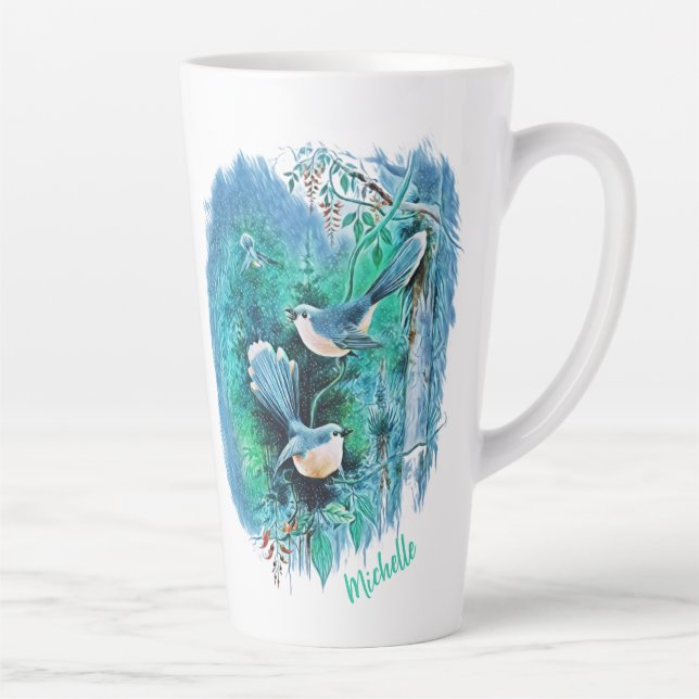 Oiseaux Bleus D'Hiver Peinture Avec Nom Latte Mug (Droite)