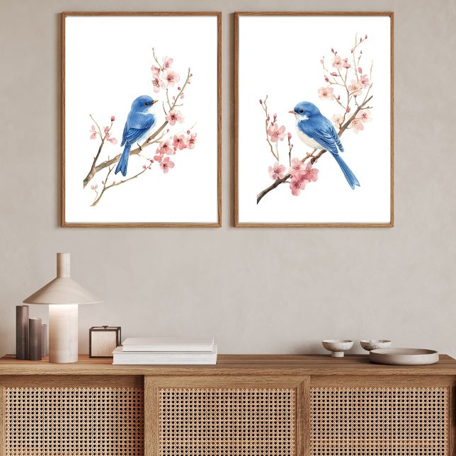 Oiseaux bleus Fleurs de cerisier Aquarelle Mur Art (Blue Birds and Cherry blossoms Set of two poster prints wall art. Can be framed. )