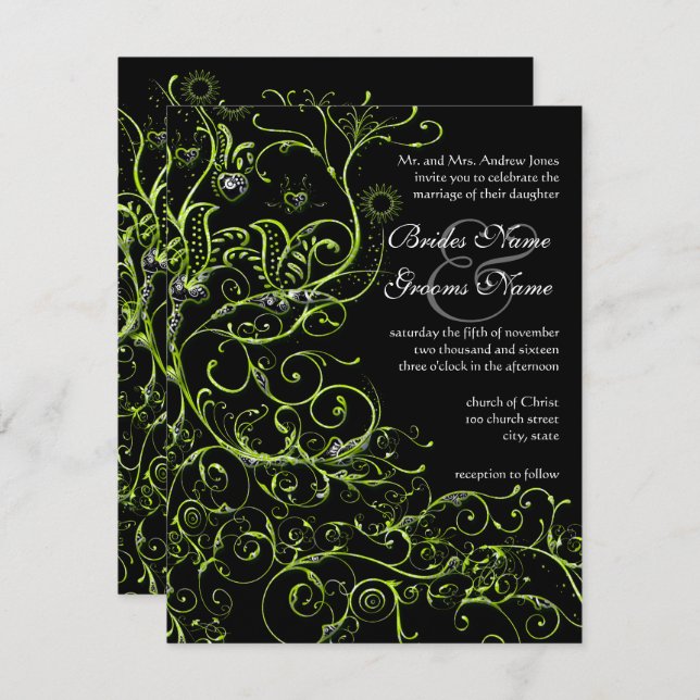 Oiseaux de citron vert et tourbillons Invitations  (Devant / Derrière)
