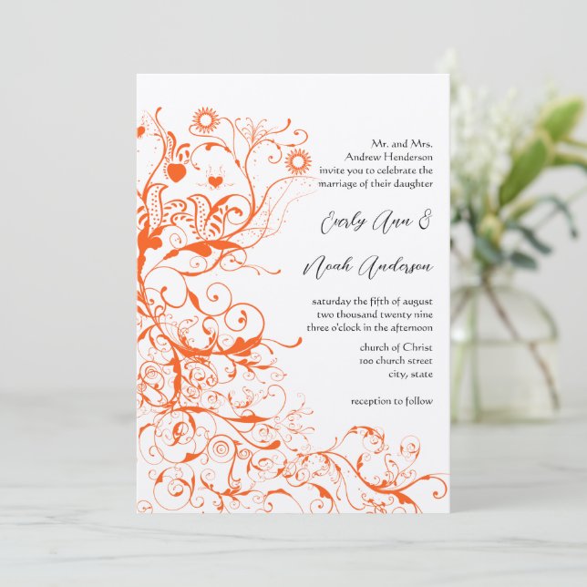Oiseaux de corail orange et tourbillons Invitation (Debout devant)