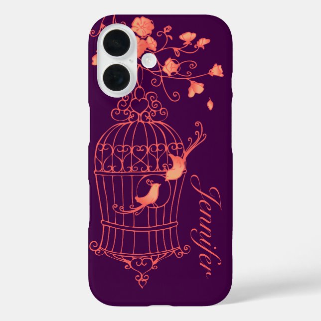 Oiseaux et cage orange & violet nom coque iphone (Verso)