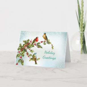Oiseaux et carte de vacances pliée Holly Vintage