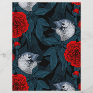 Oiseaux et fleurs de pivoines rouges avec feuilles
