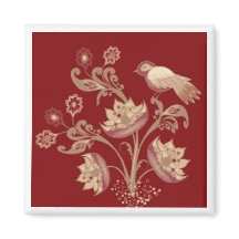 Oiseaux et fleurs sur aimant carré rouge