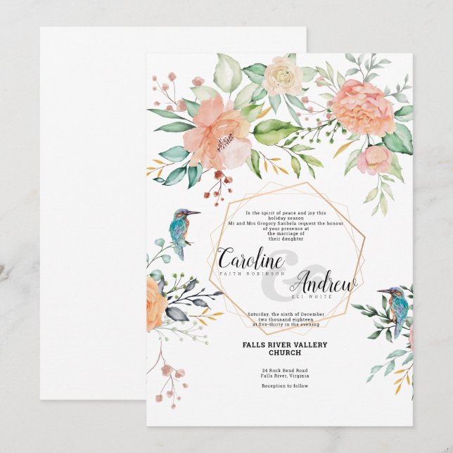 Oiseaux et Roses - Carte Faire-part de mariage (Devant / Derrière)