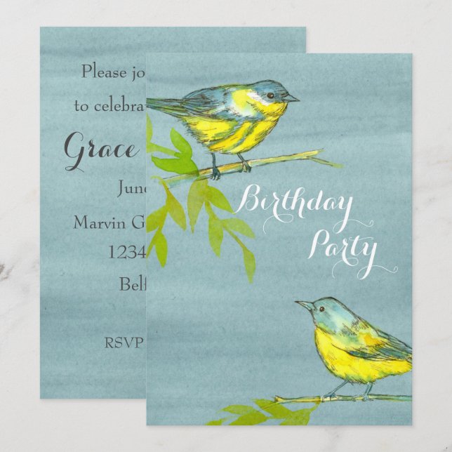 Oiseaux jaunes Gris Invitation de fête d'anniversa (Devant / Derrière)