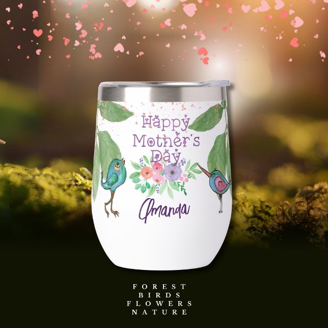 Oiseaux mignons, fleurs et typographie (Cute Birds, Floral & Typography Thermal Wine Tumbler )