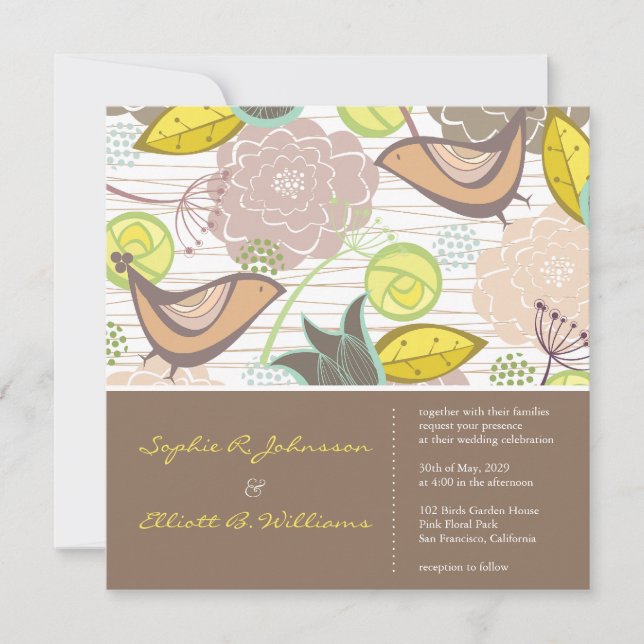 Oiseaux roses doux Jardin Floral Invitation de mar (Devant)