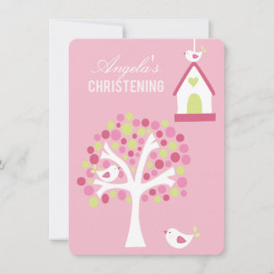 Oiseaux roses et arbre Baptême Baptême Invitation 