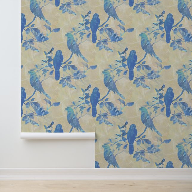 Oiseaux sur Branches et papier peint bleu ivoire F (Application)