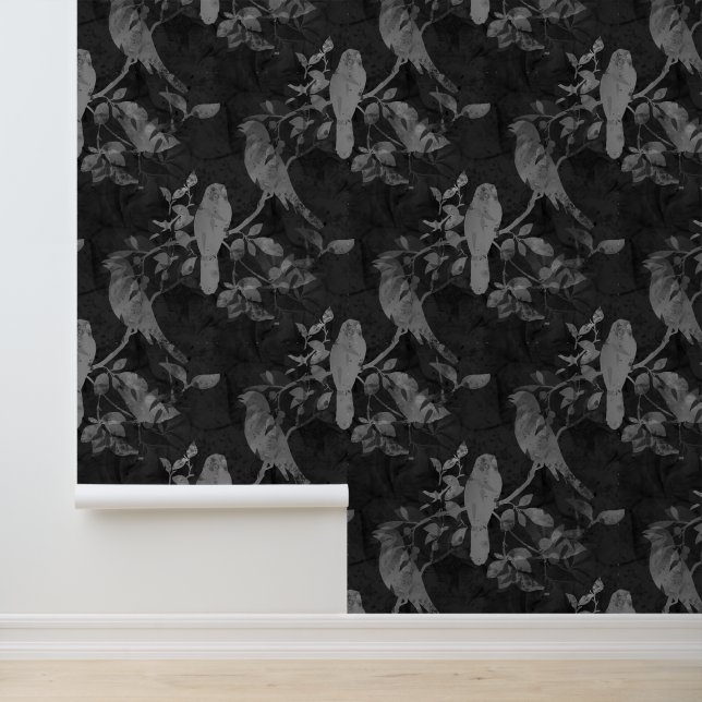 Oiseaux sur les branches Feuille Papier peint gris (Application)