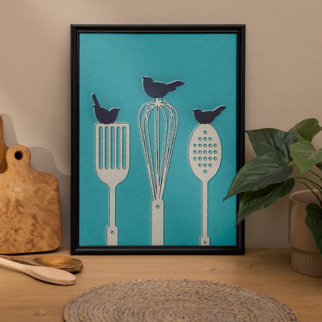 Oiseaux Sur Ustensiles De Cuisine Posters Thématiq (Minimalist and retro themed birds on kitchen utensils wall art poster.)