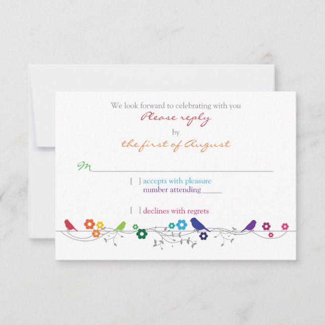 Oiseaux Thème Arc-en-Ciel Fleurs Mariage RSVP Répo (Devant)