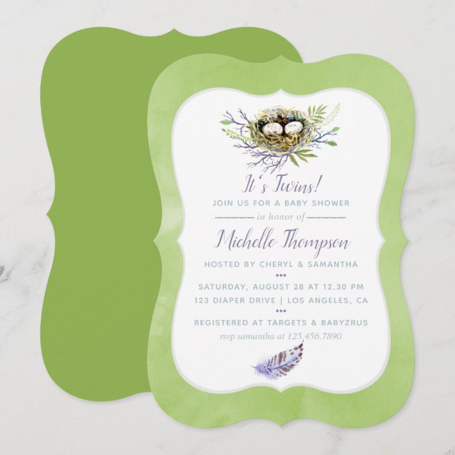 Oiseaux verts Nest Twins Baby shower Invitation (Devant / Derrière)