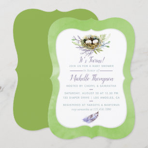 Oiseaux verts Nest Twins Baby shower Invitation
